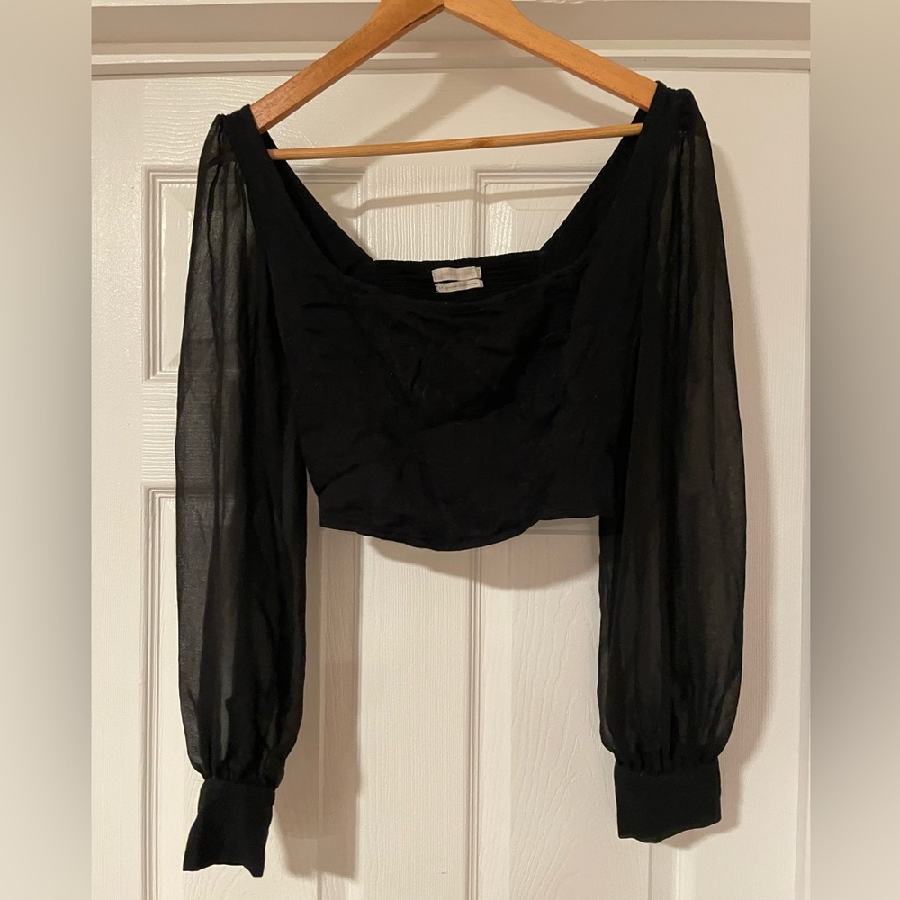 See Through Long Sleeve Cropped Blouse